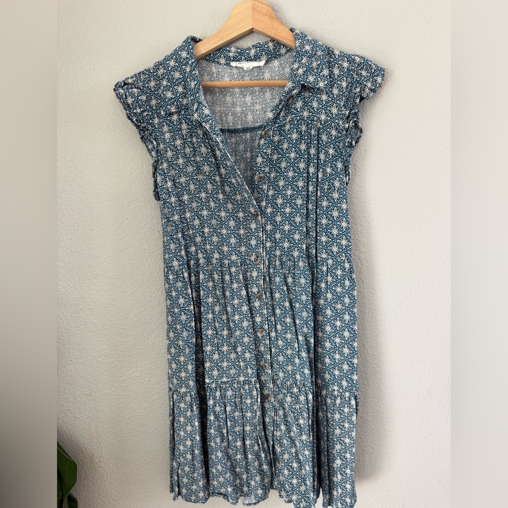 Blue Printed Cap-Sleeve Button-Front Dress